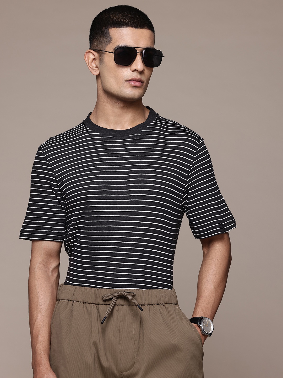 

MANGO MAN Striped Monochrome T-shirt, Black