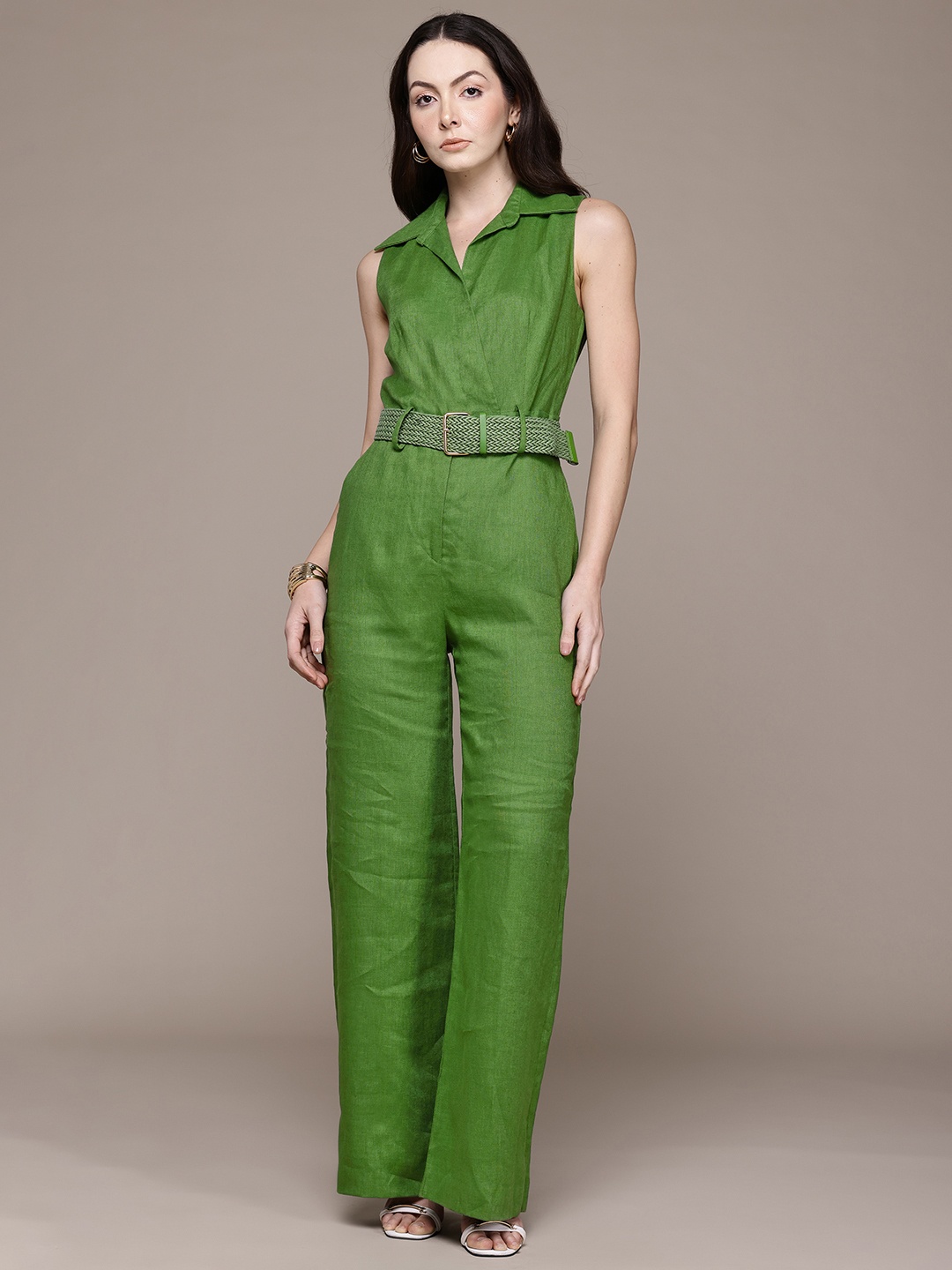 

MANGO Linen Basic Jumpsuit with Belt, Green