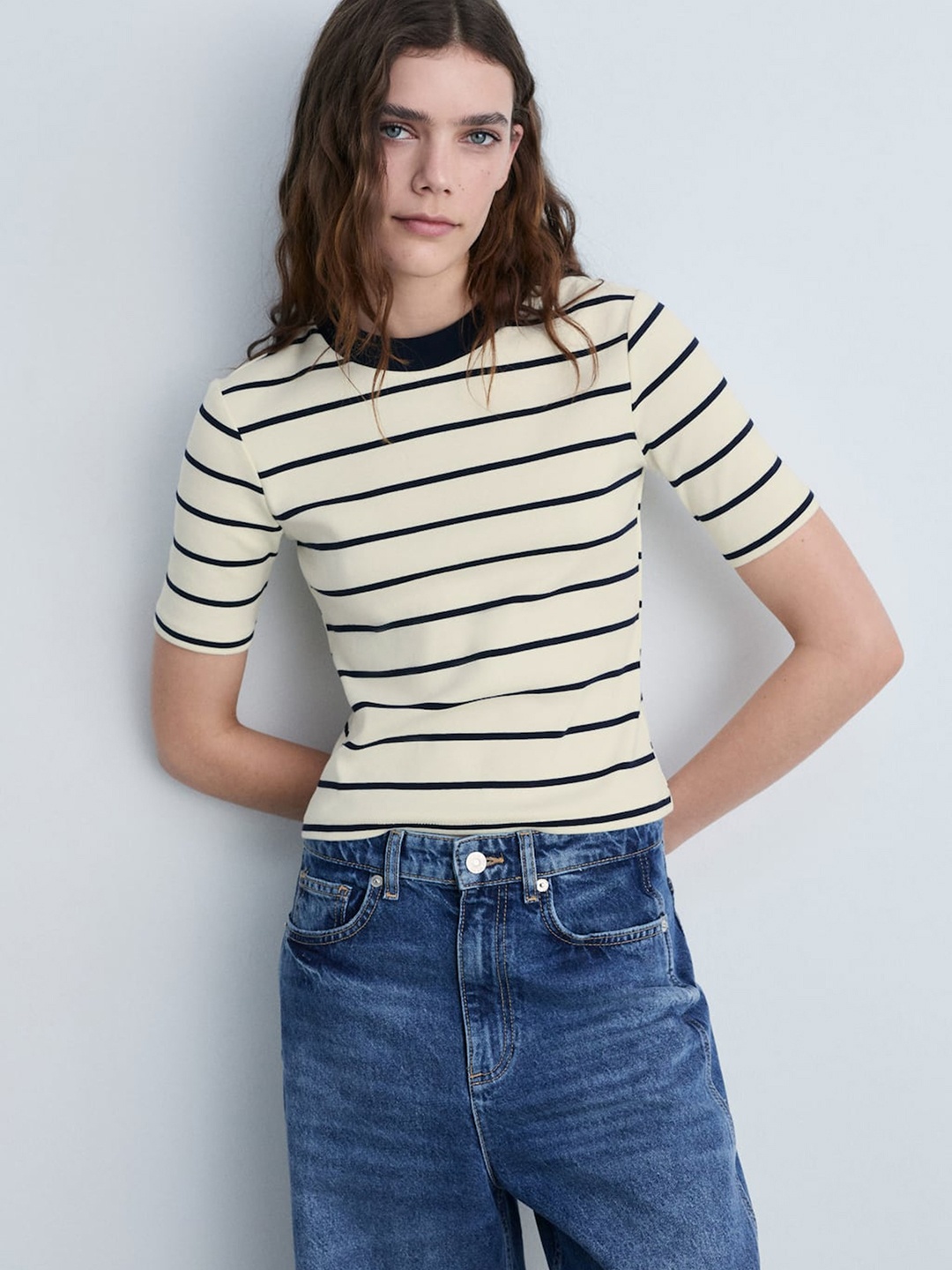 

MANGO Women Striped Pure Cotton T-shirt, Off white