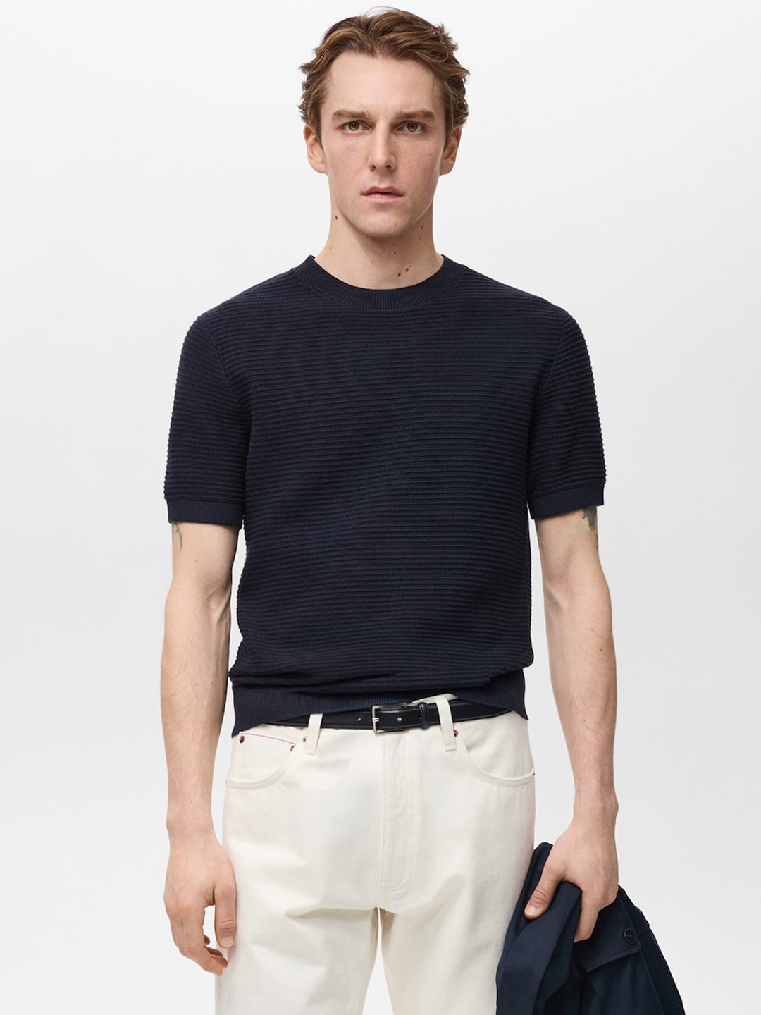 

MANGO MAN Striped Self Design Pure Cotton T-shirt, Navy blue