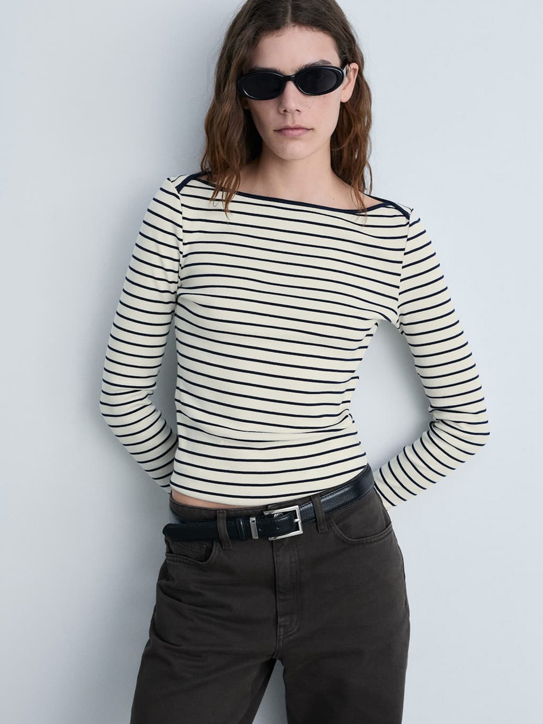 

MANGO Women Striped Pure Cotton T-shirt, White
