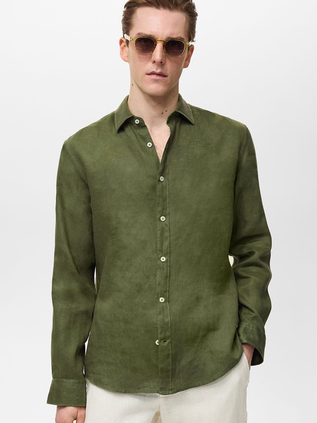 

MANGO MAN Linen Opaque Casual Shirt, Green