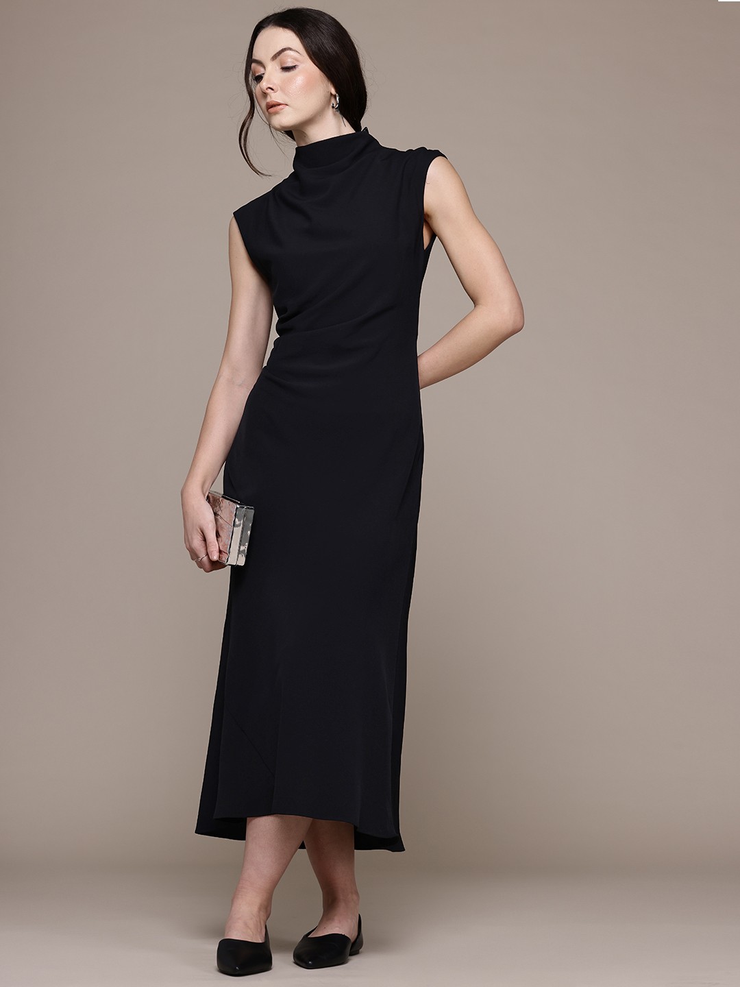 

MANGO High Neck Sleeveless A-Line Midi Dress, Black