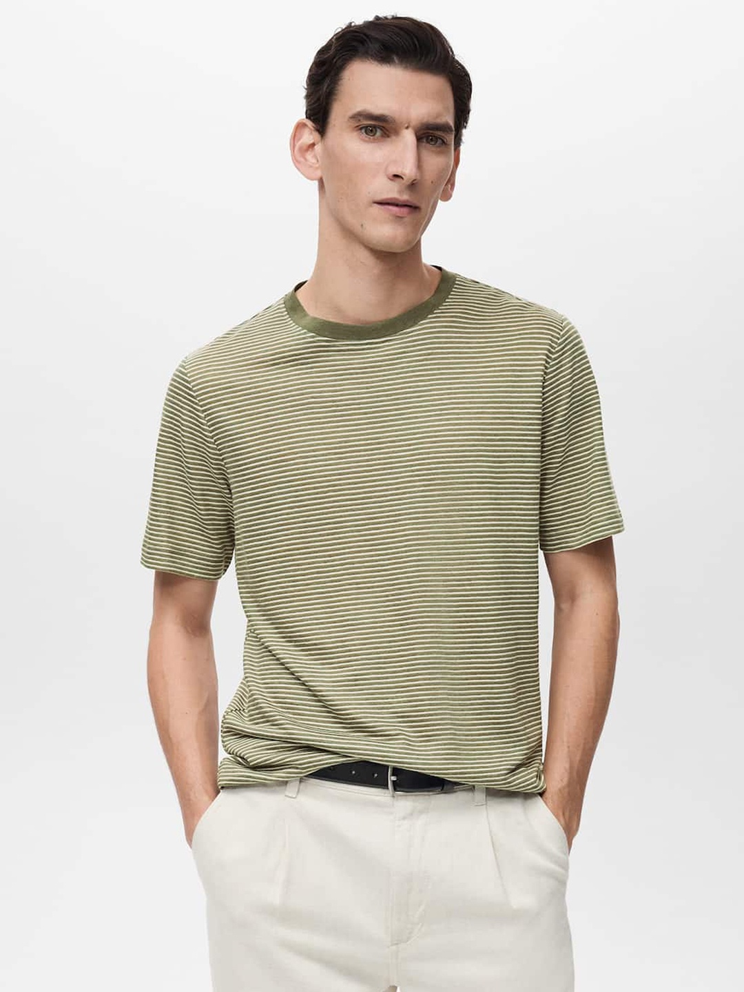 

MANGO MAN Cotton-Linen Striped T-shirt, Olive