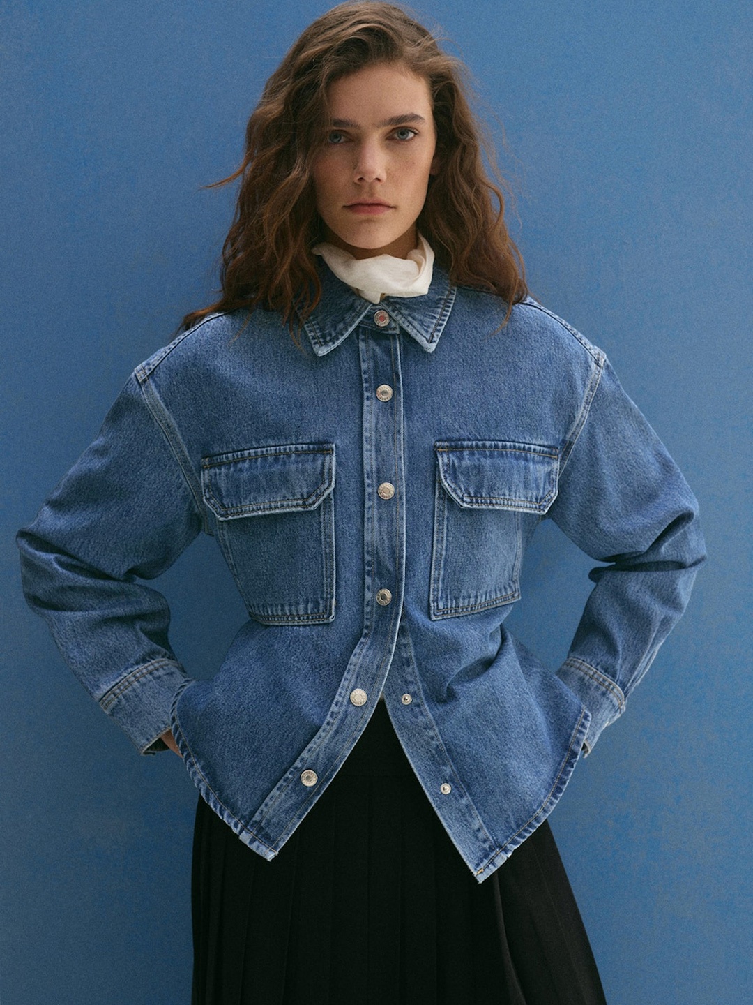 

MANGO Washed Effect Pure Cotton Denim Jacket with Side Slits, Blue