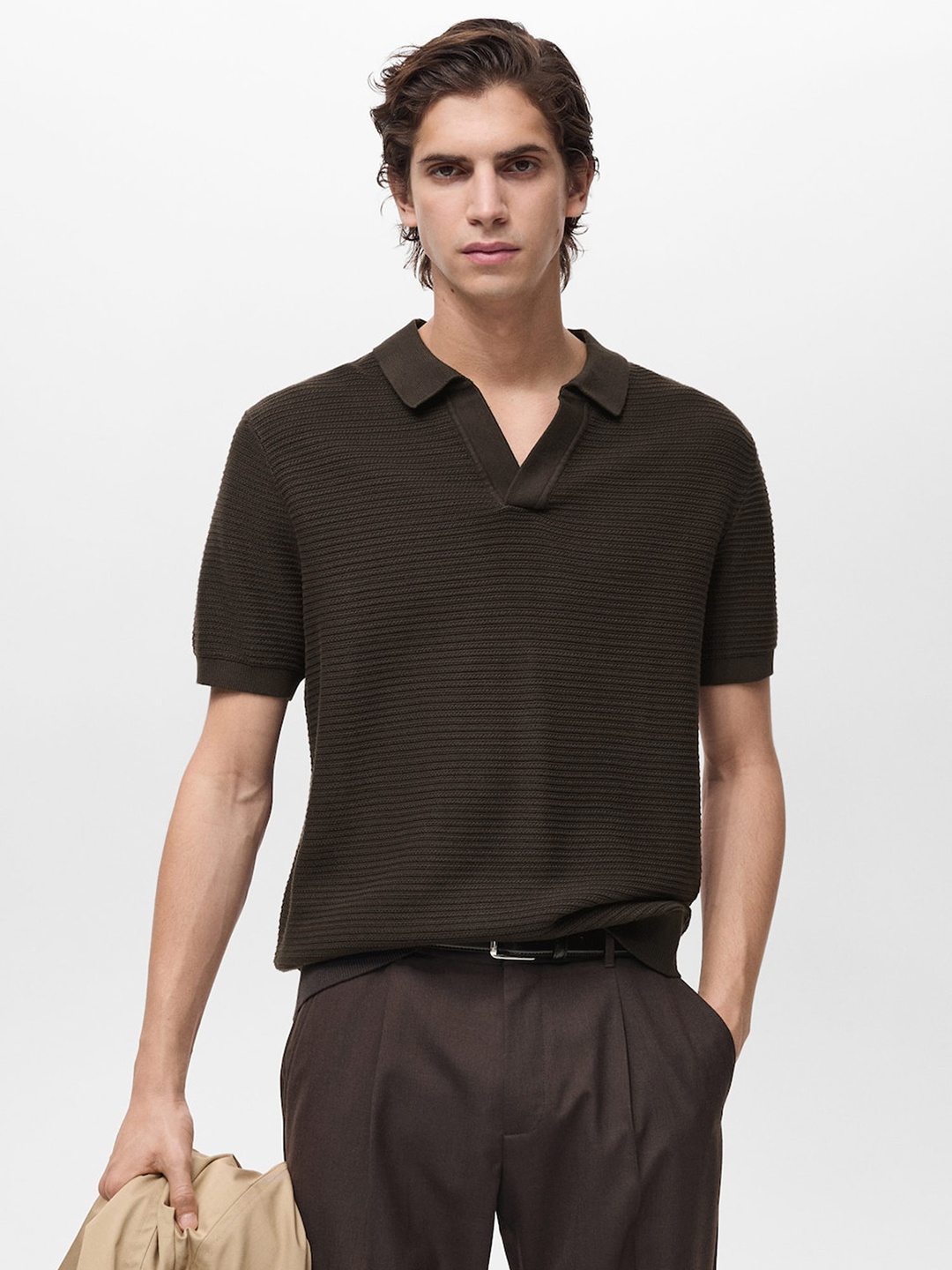 

MANGO MAN Ribbed Polo Collar Pure Cotton T-shirt, Brown