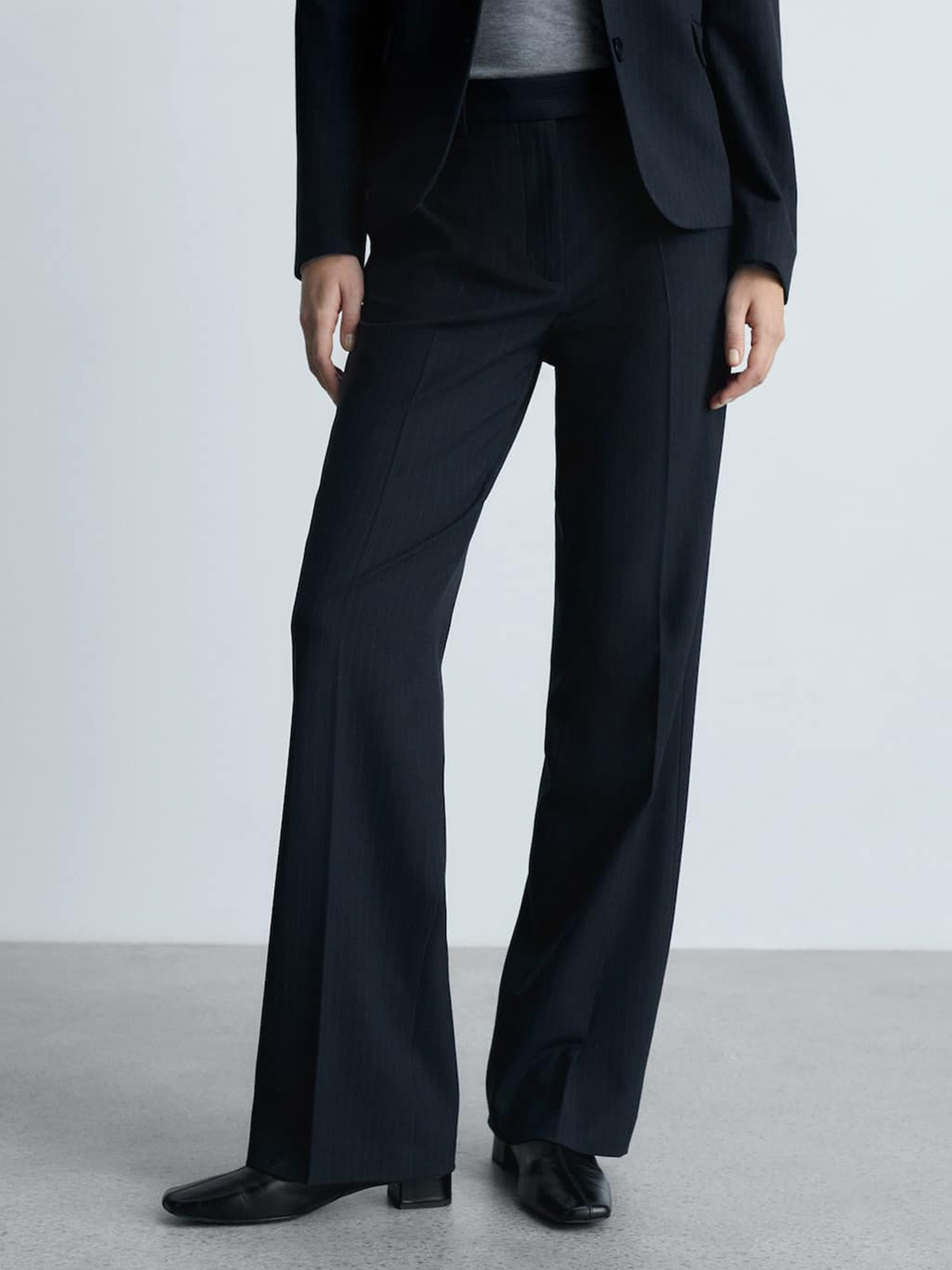 

MANGO Women Pinstripe Pleated Formal Trousers, Navy blue