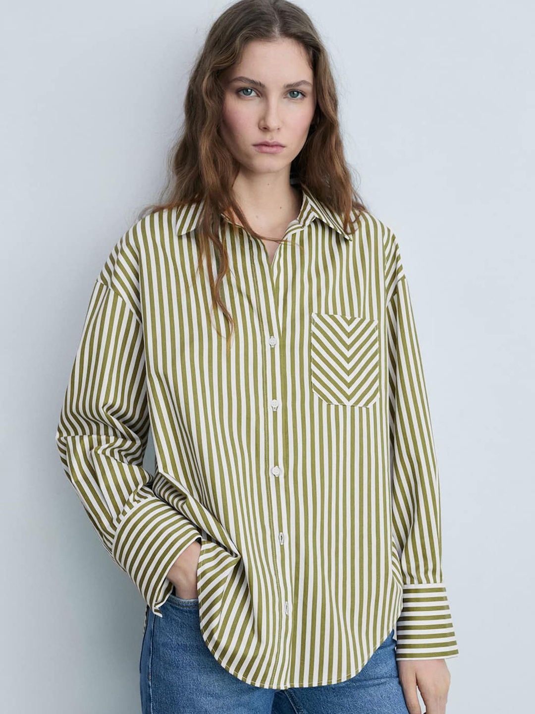 

MANGO Women Striped Casual Shirt, White