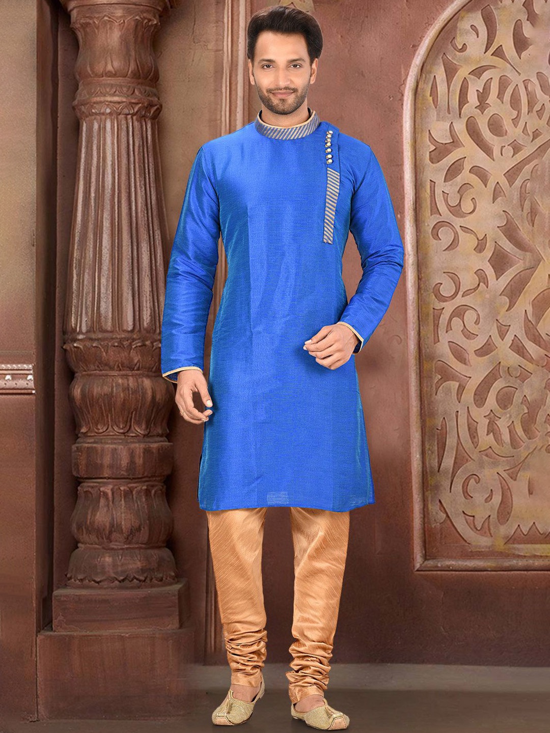 

RANAK Mandarin Collar Art Silk Straight Kurta, Blue