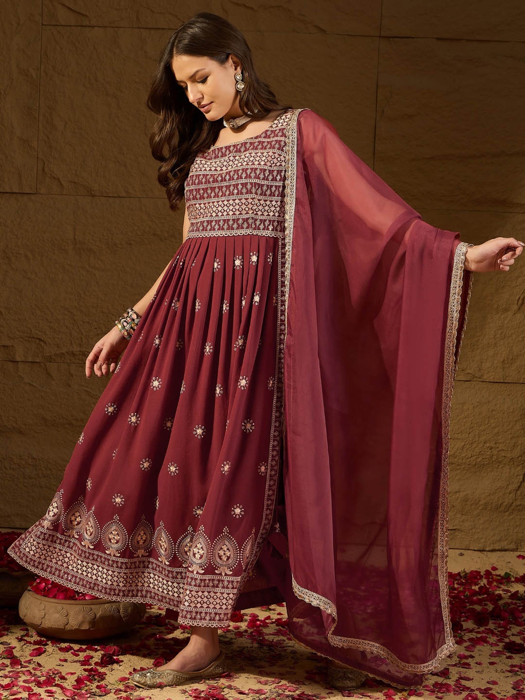 

House of Pataudi Floral Embroidered A-Line Kurta With Trouser And Dupatta, Rust