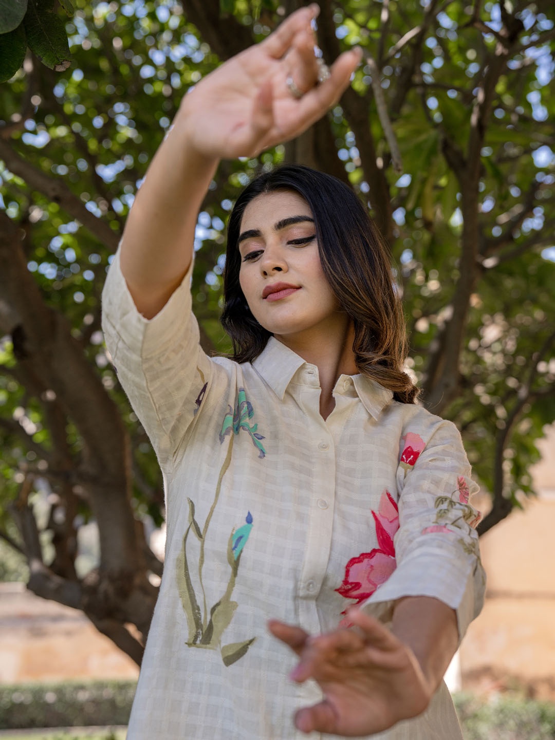 

Indo Era Floral Printed Shirt Collar Pure Cotton Tunic With Trouser, Off white