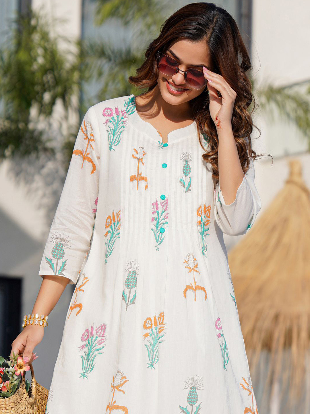 

Indo Era Floral Printed Pure Cotton Anarkali Kurta with Trousers, Off white