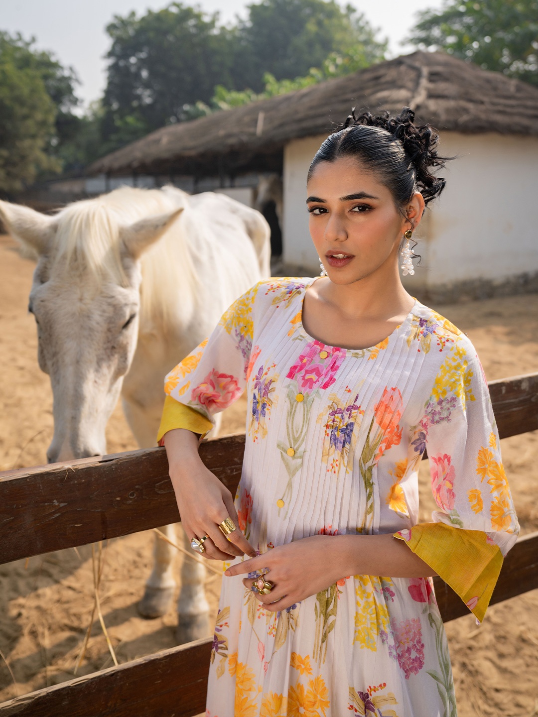 

Indo Era Floral Printed Round Neck Pleated Pure Cotton A-Line Kurta With Trouser, Cream