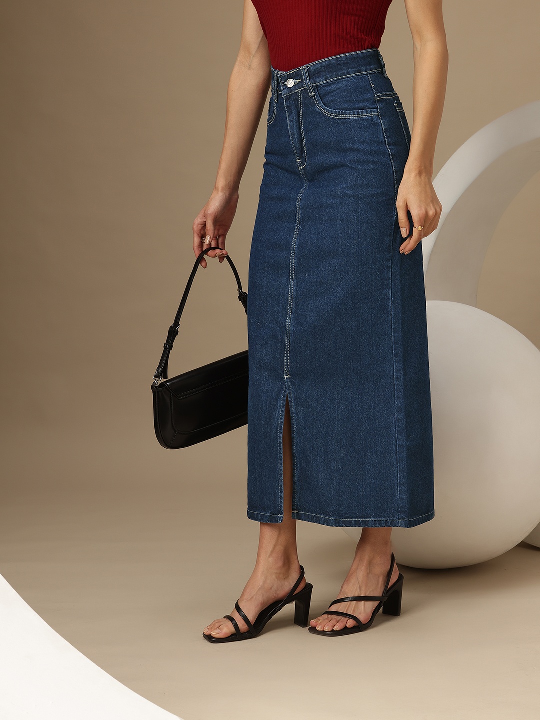 

Chemistry Women Pure Cotton Front Slit Denim Maxi Skirt, Blue