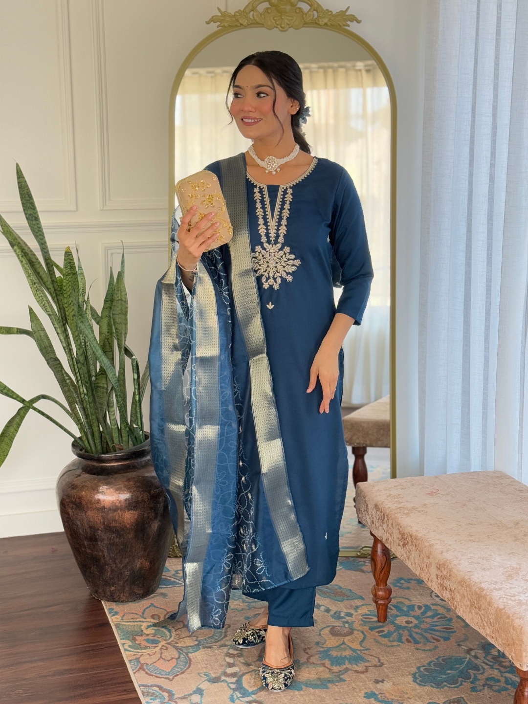 

KALINI Women Embroidered Regular Kurta with Trousers & With Dupatta, Turquoise blue