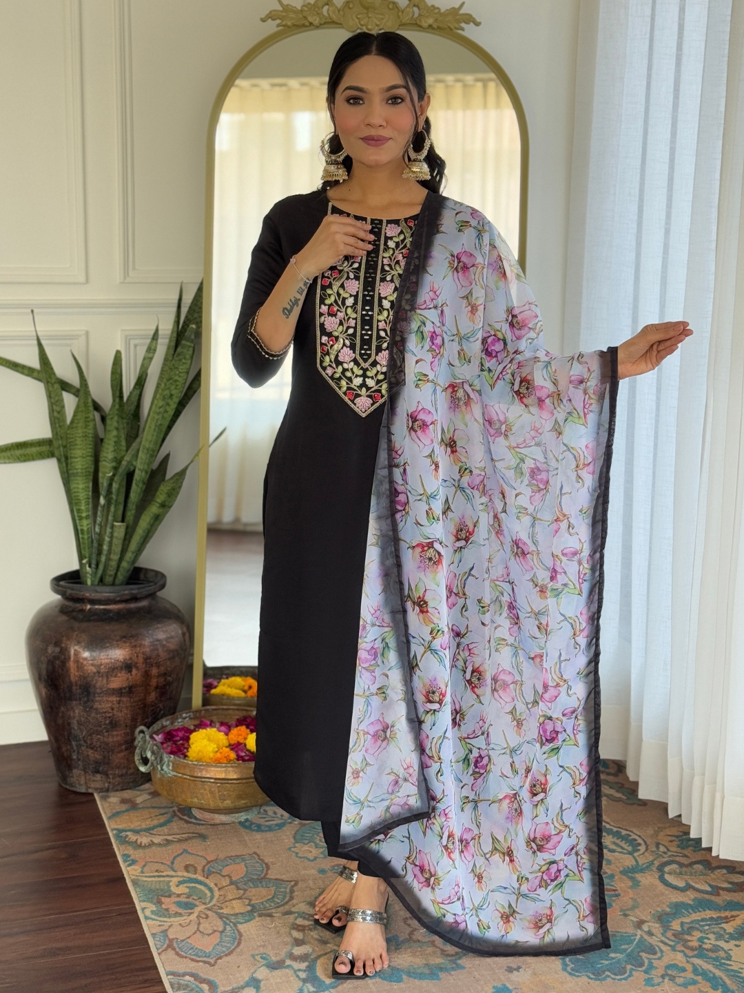 

KALINI Women Embroidered Regular Kurta with Trousers & With Dupatta, Black