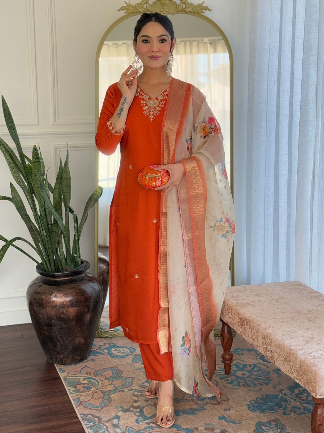 

KALINI Women Embroidered Regular Kurta with Trousers & With Dupatta, Orange