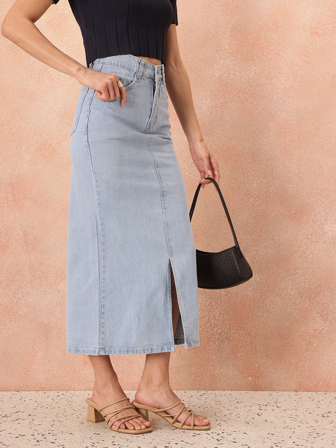 

all about you Women Solid Cotton Cambric Midi Skirt with Front Slit, Blue