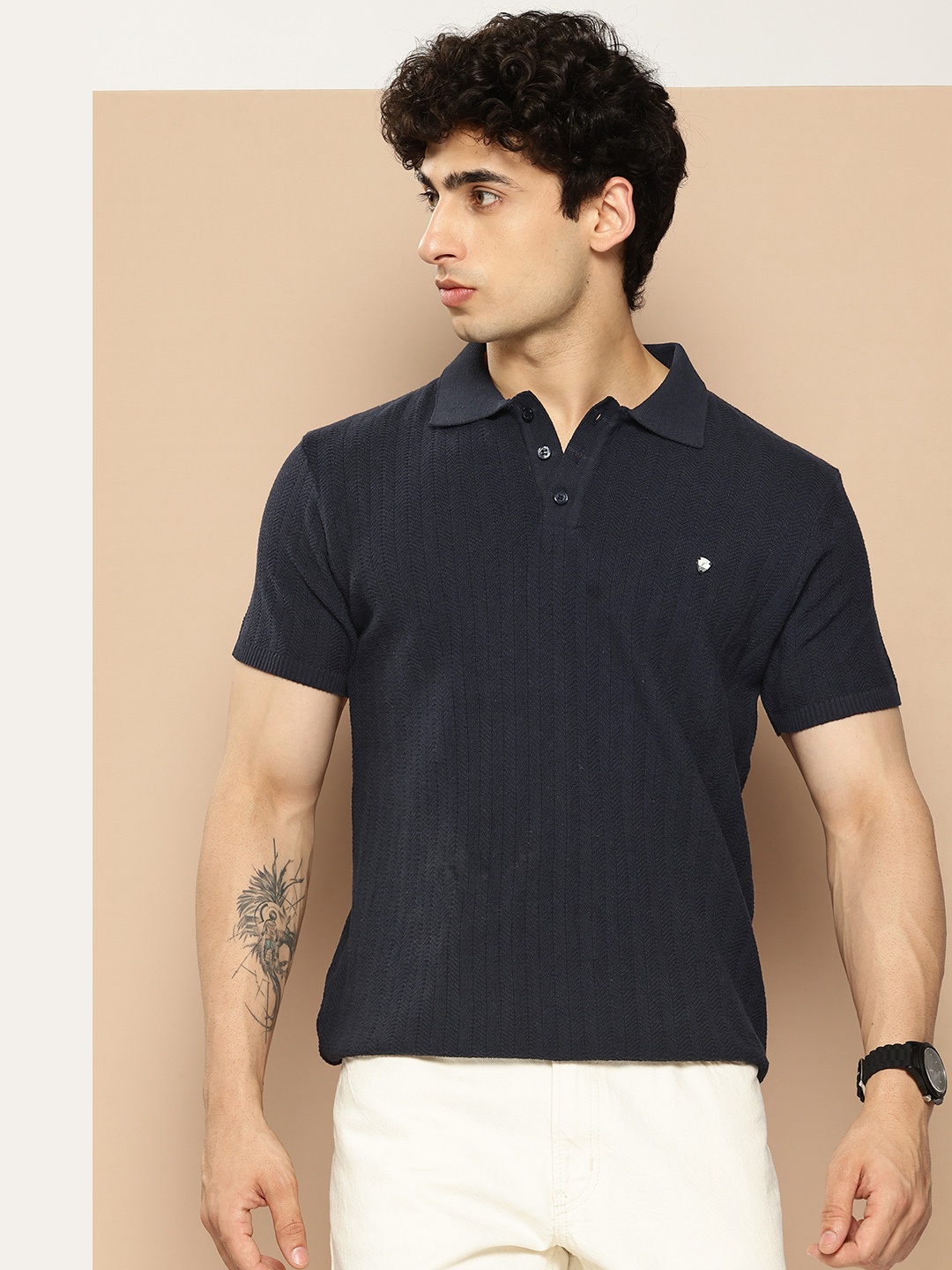 

CLAPTON Textured Polo Collar T-shirt, Navy blue