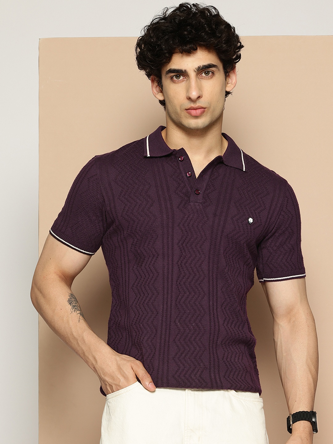 

CLAPTON Men Self Design Polo Collar T-shirt, Purple
