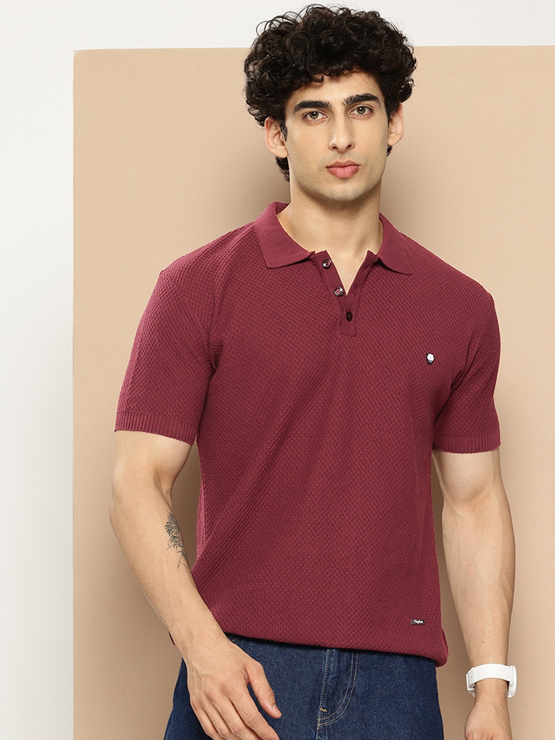 

CLAPTON Men Self Design Polo Collar T-shirt, Maroon