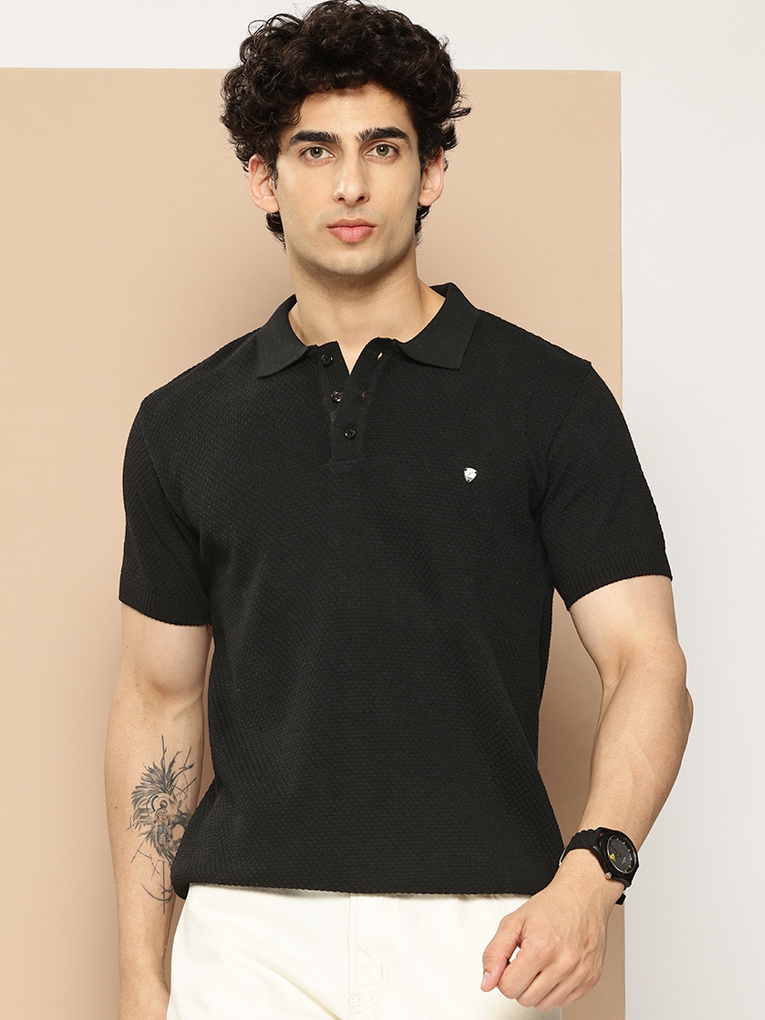 

CLAPTON Men Self Design Polo Collar T-shirt, Black