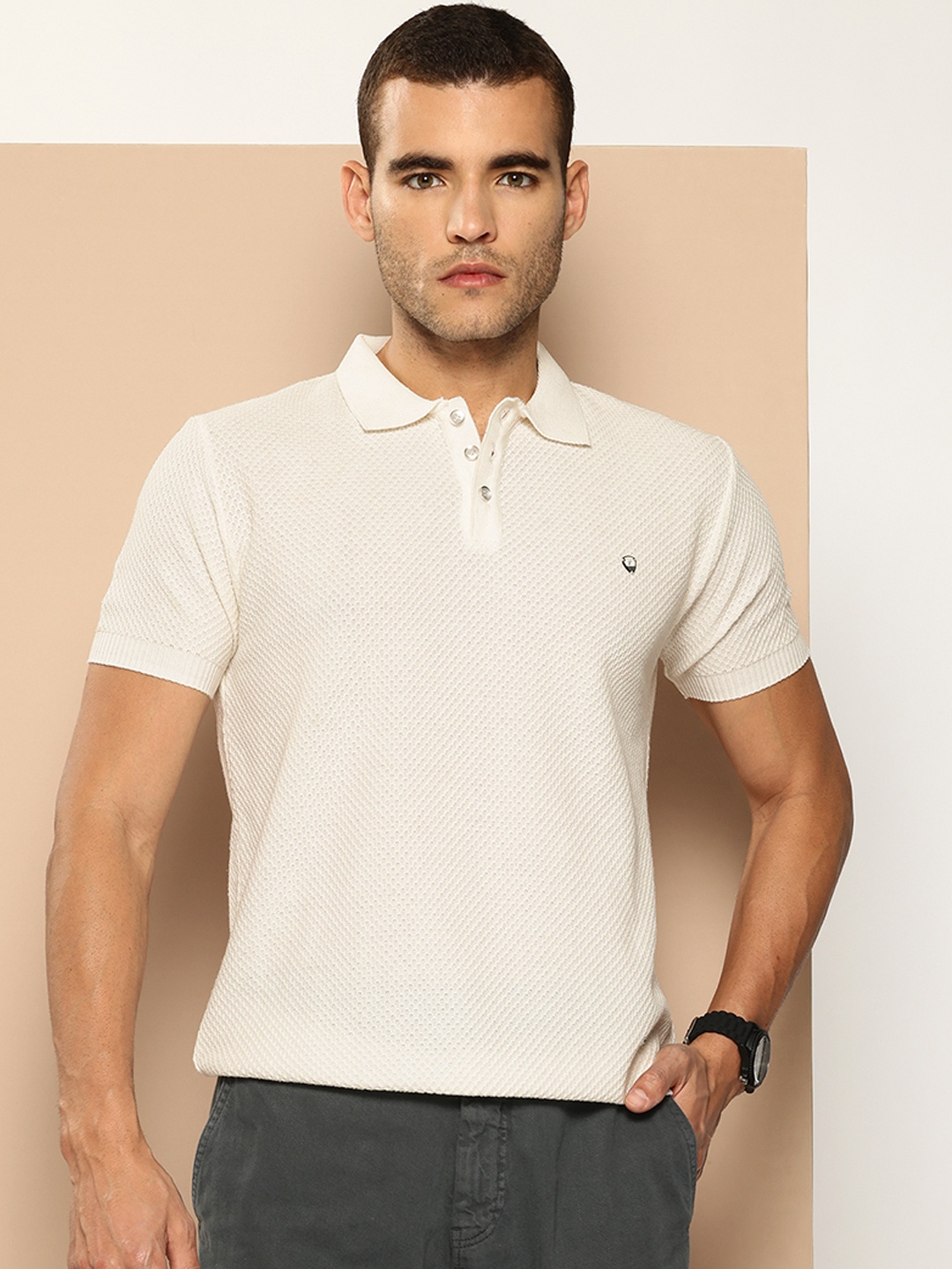 

CLAPTON Men Self Design Polo Collar T-shirt, White