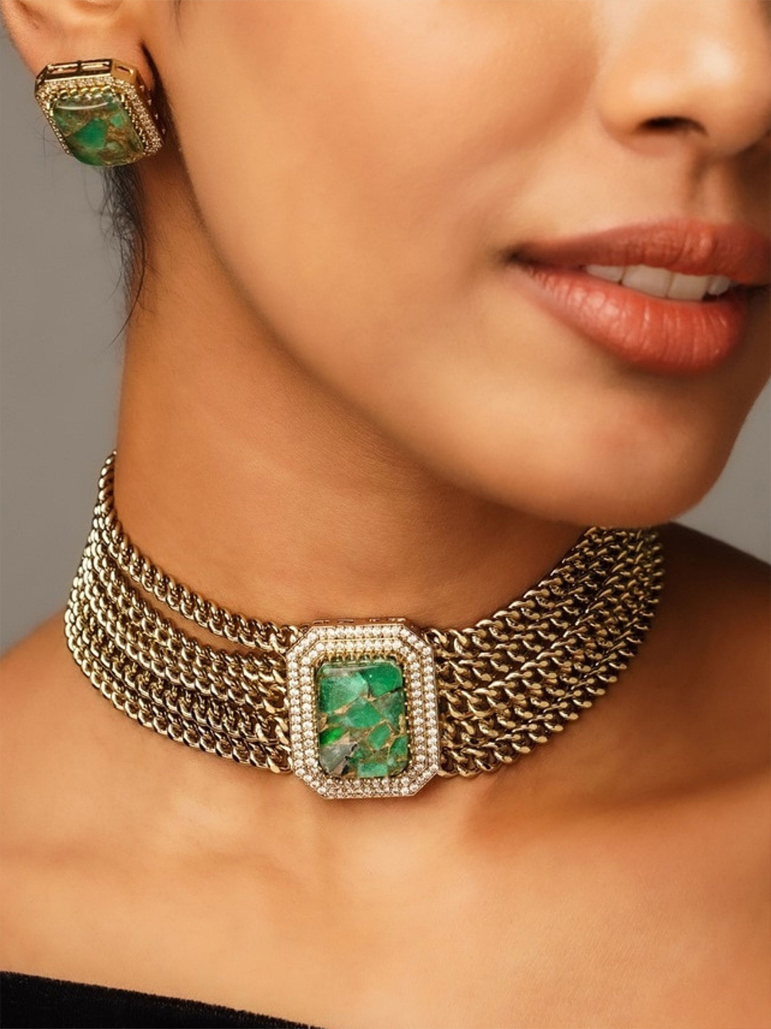 

ABDESIGNS Enchanting Gold Plated Polki American Diamond Jewellery Set