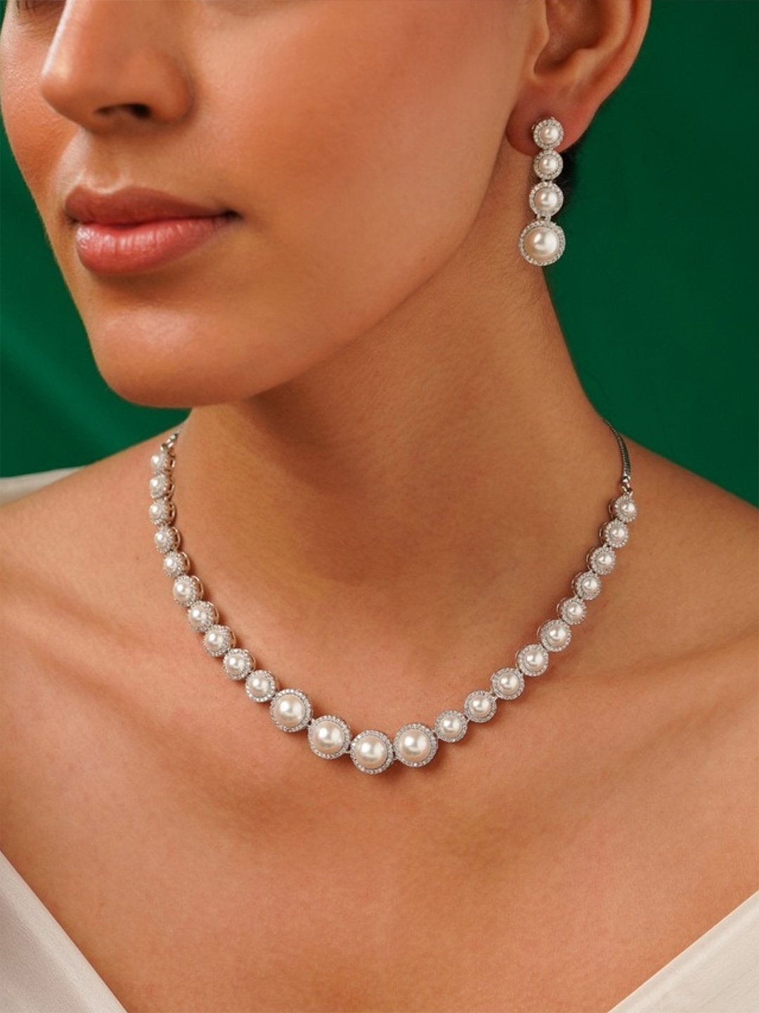 

ABDESIGNS Sophisticated Silver Plated American Diamond Necklace Jewellery Set