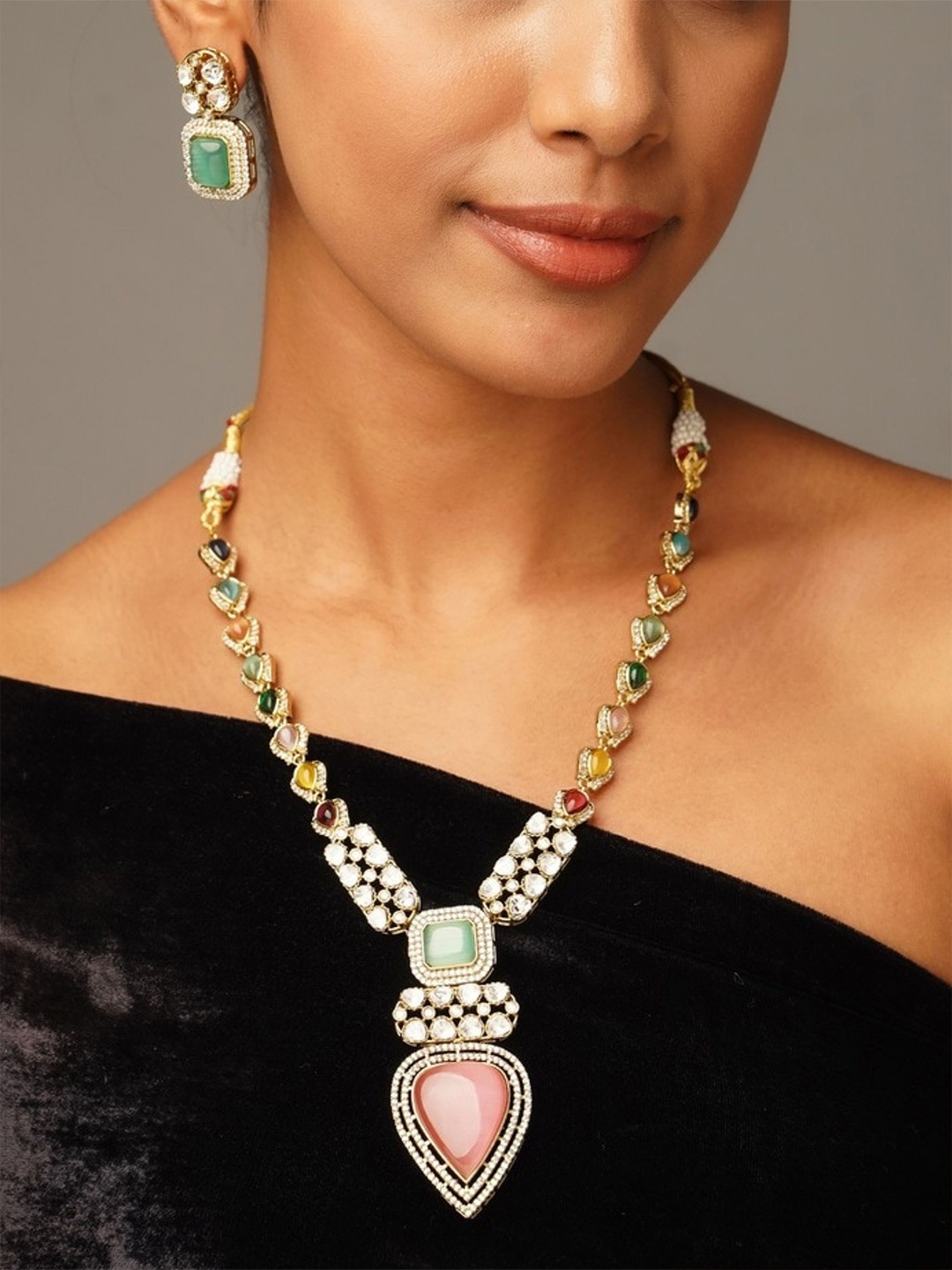 

ABDESIGNS Sophisticated Gold Plated Polki American Diamond Jewellery Set