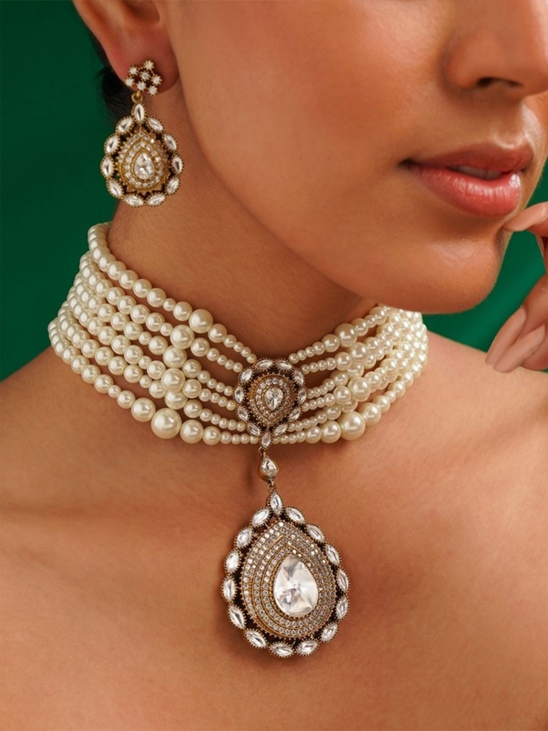 

ABDESIGNS Enchanting Gold Plated Polki American Diamond Jewellery Set