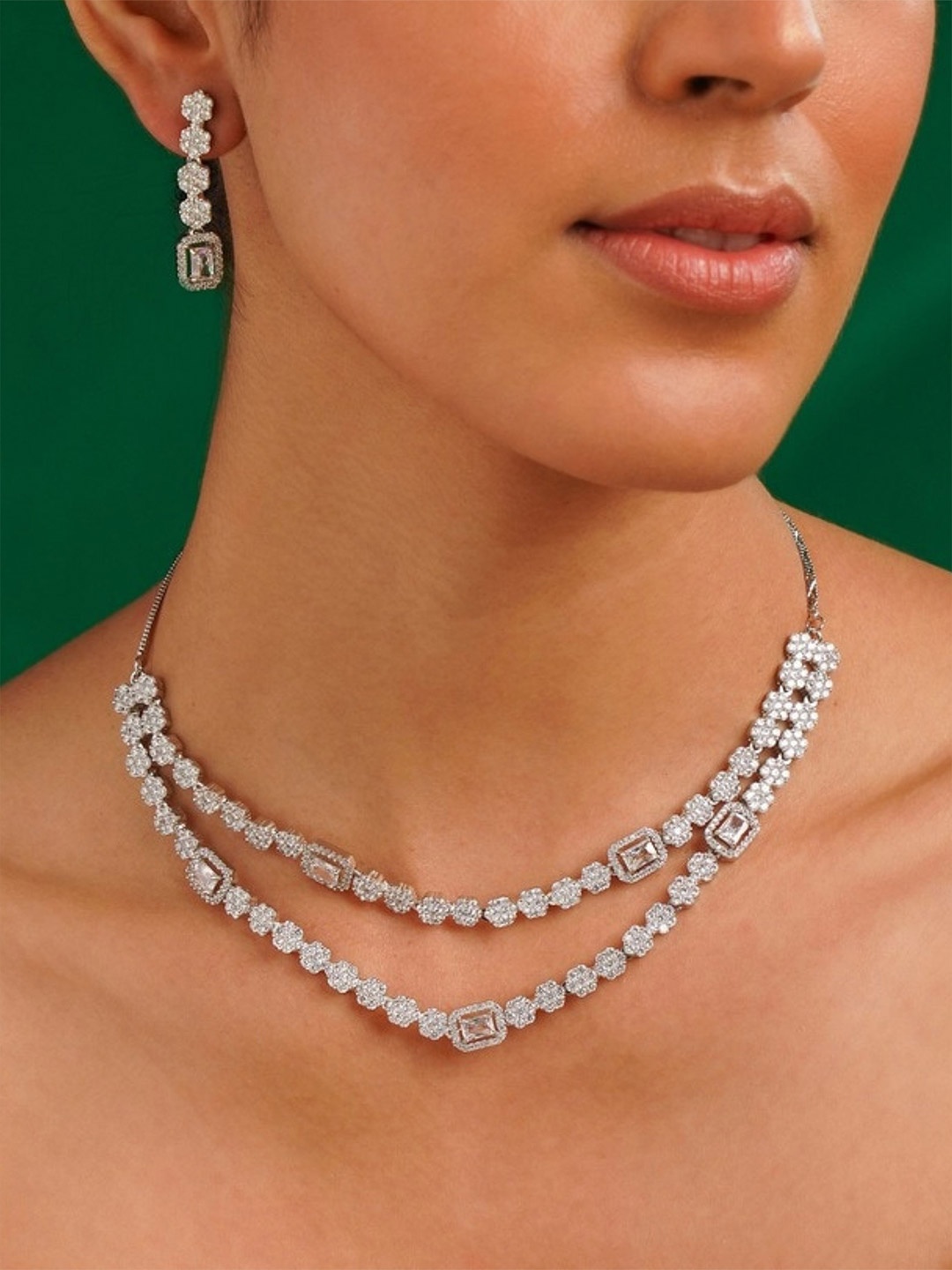 

ABDESIGNS Sophisticated Silver Plated American Diamond-Studded Jewellery Set