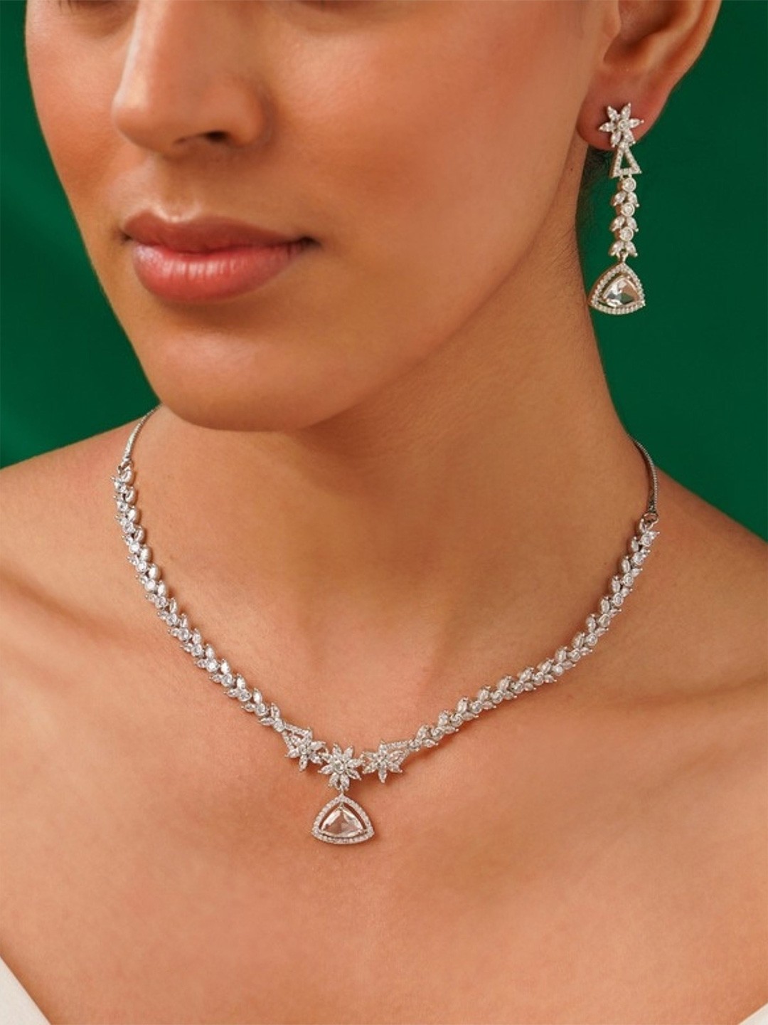 

ABDESIGNS Sophisticated Silver Plated American Diamond Jewellery Set