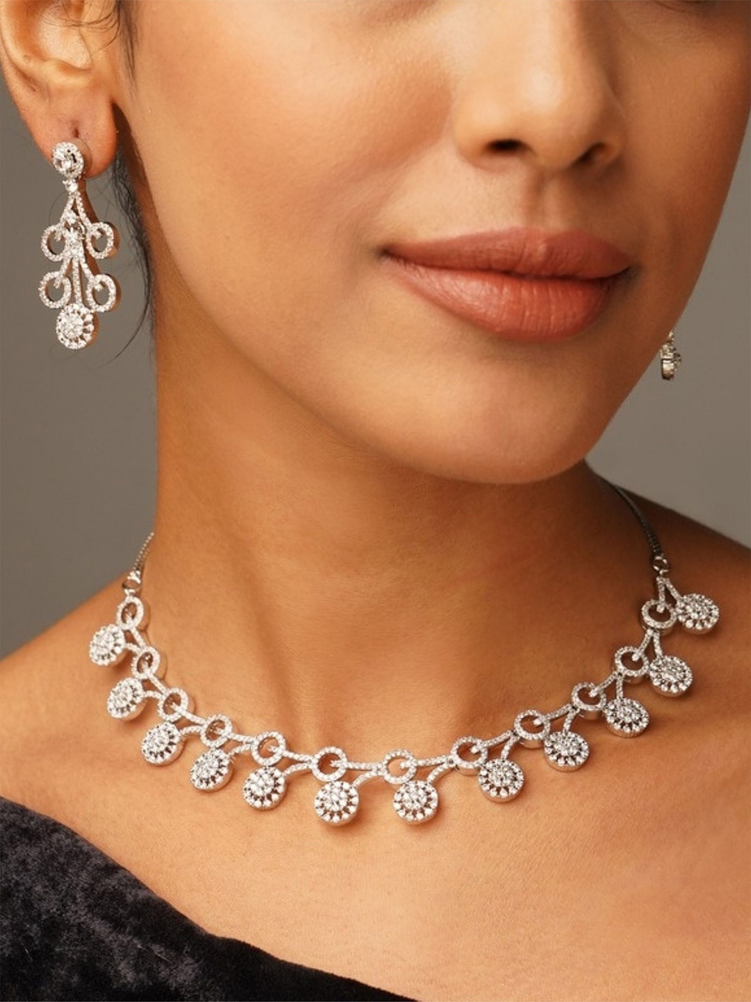 

ABDESIGNS Enchanting Silver Plated American Diamond Hasli Jewellery Set