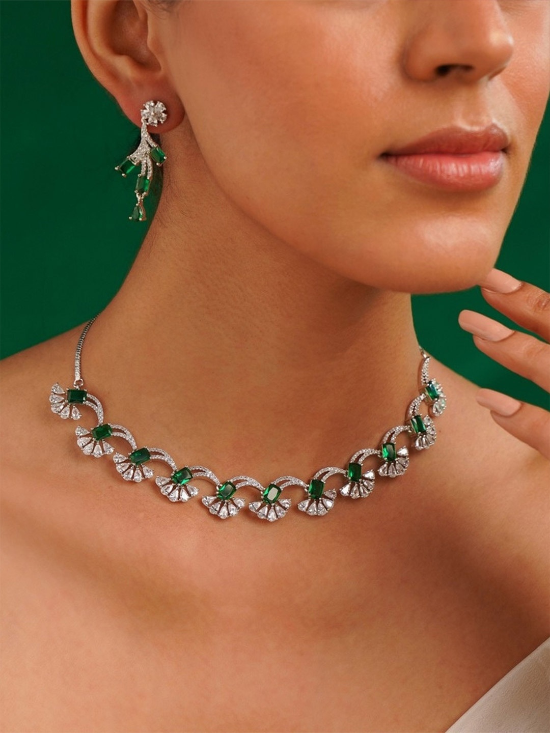 

ABDESIGNS Sophisticated Silver Plated American Diamond-Studded Jewellery Set