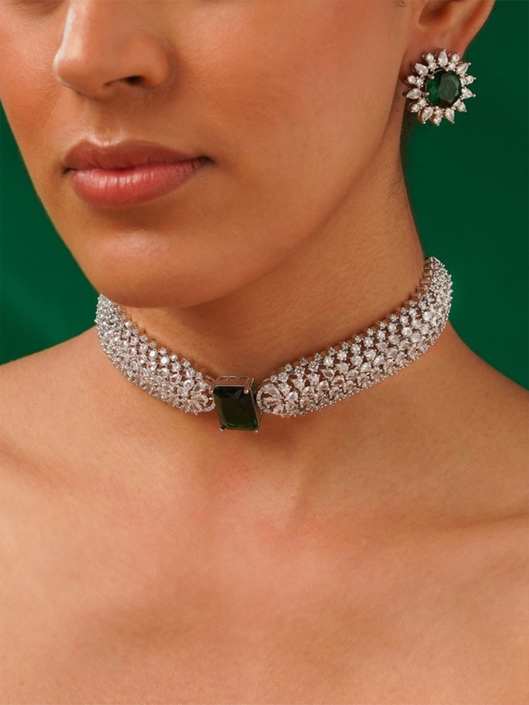 

ABDESIGNS Sophisticated Silver Plated American Diamond Necklace Jewellery Set
