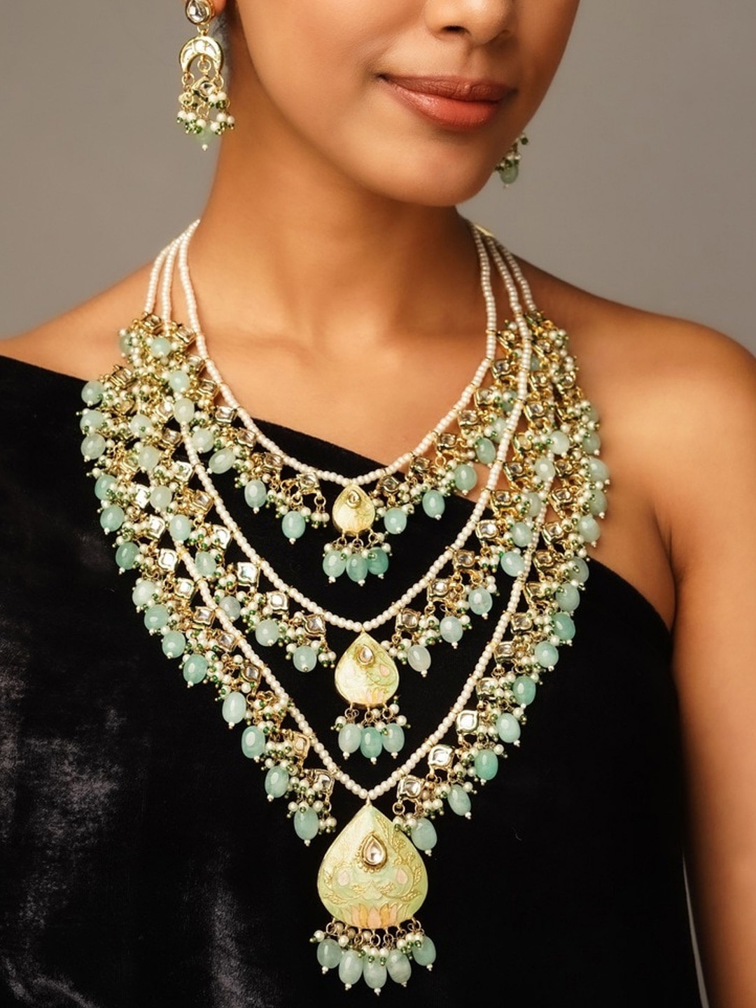

ABDESIGNS Gold-Plated Handpaint Multilayered Meenakari Green Mala Jewellery Set