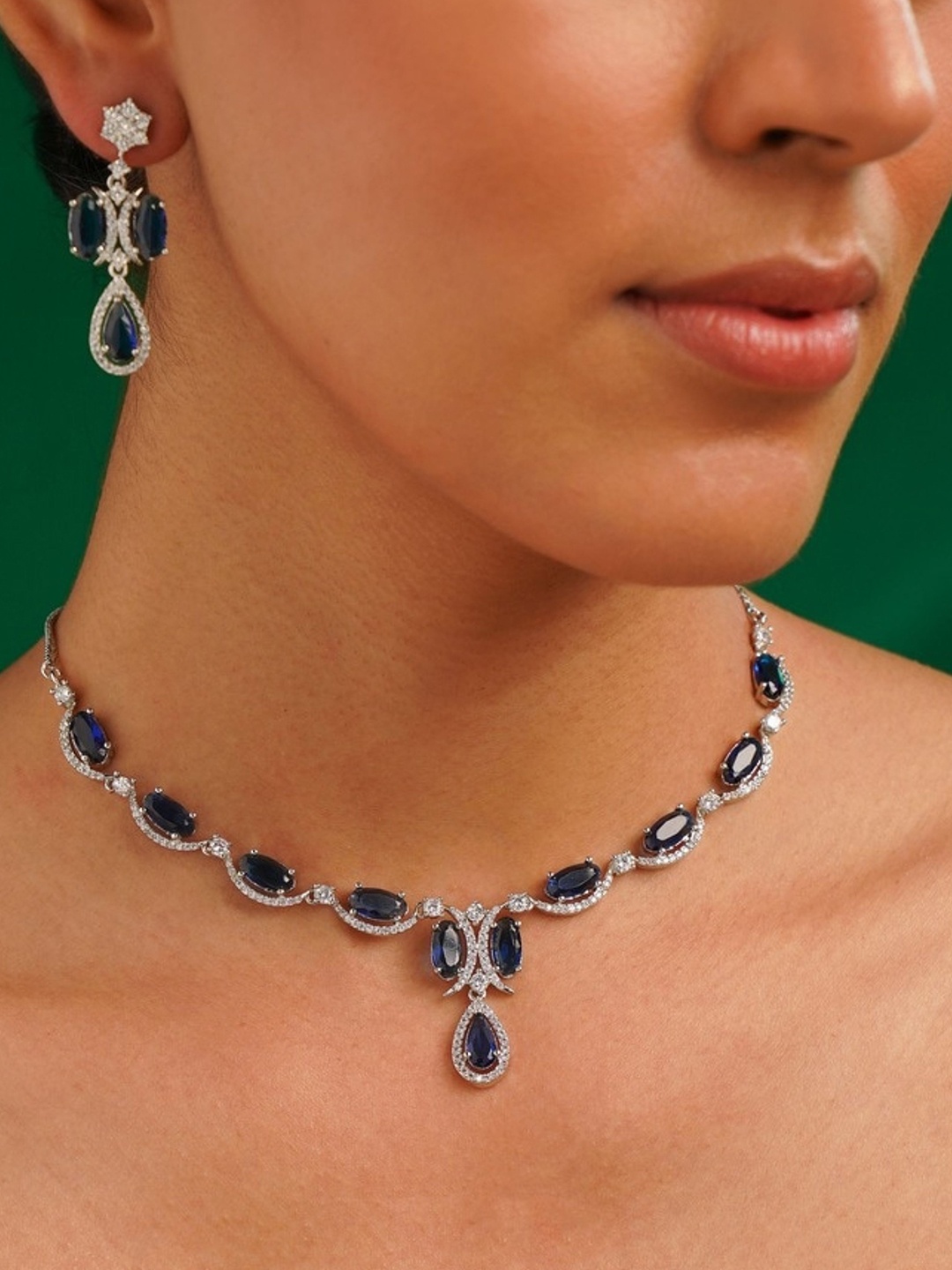 

ABDESIGNS Sophisticated Silver Plated American Diamond Necklace Jewellery Set
