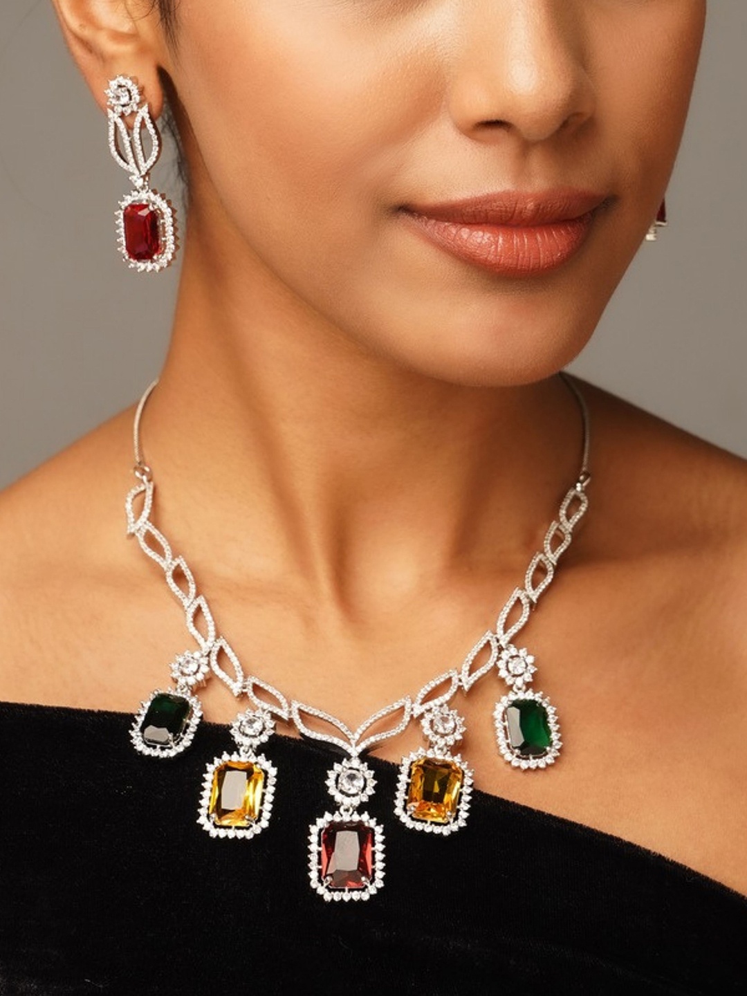 

ABDESIGNS Silver Plated American Diamond Studded Necklace with Earrings