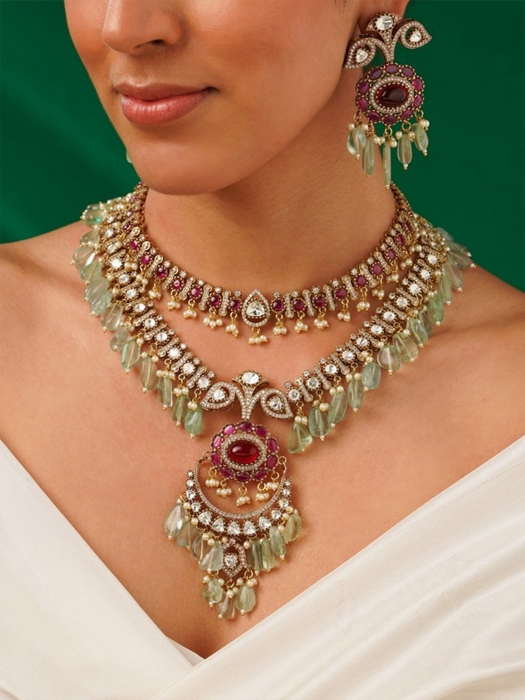 

ABDESIGNS Enchanting Gold Plated Polki American Diamond Jewellery Set
