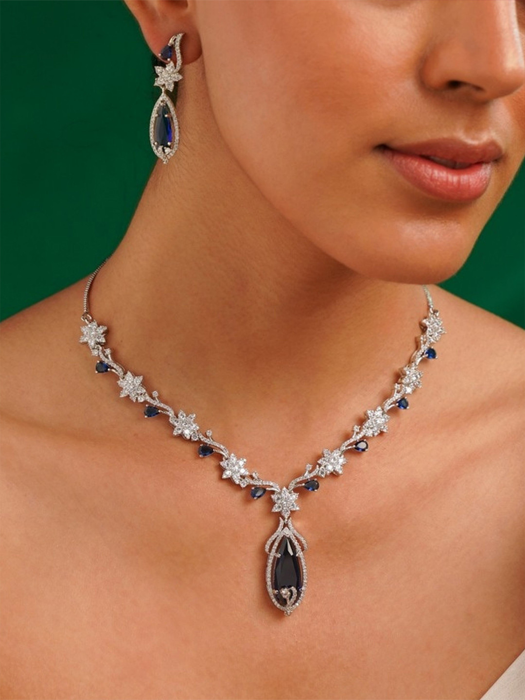 

ABDESIGNS Sophisticated Silver Plated American Diamond Necklace Jewellery Set