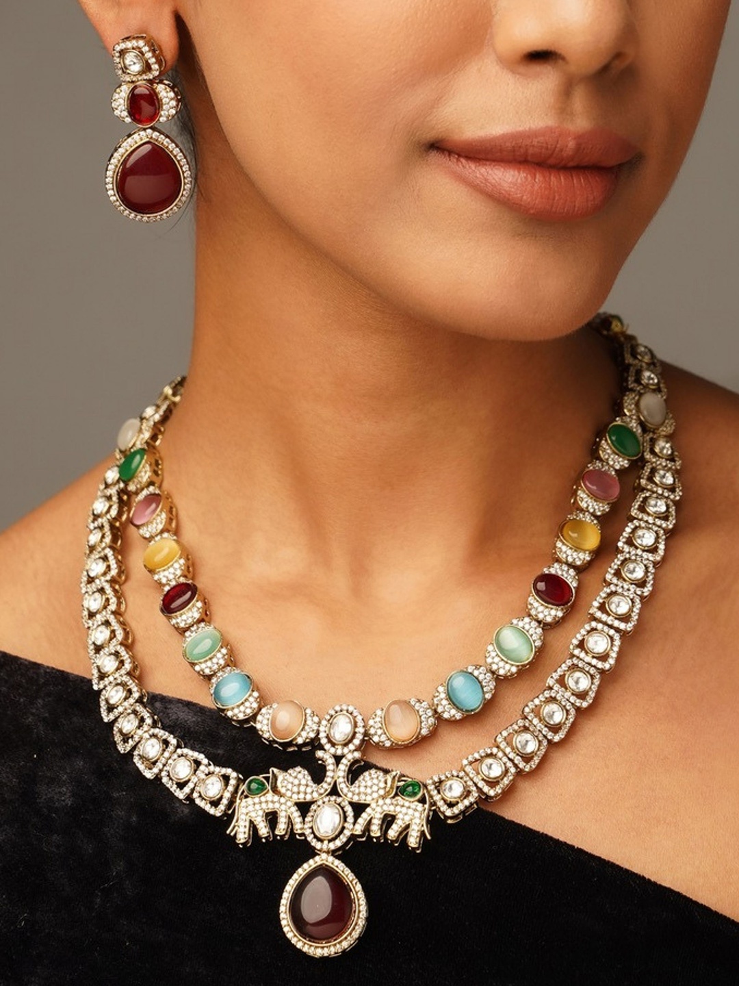 

ABDESIGNS Sophisticated Gold Plated Polki American Diamond Jewellery Set