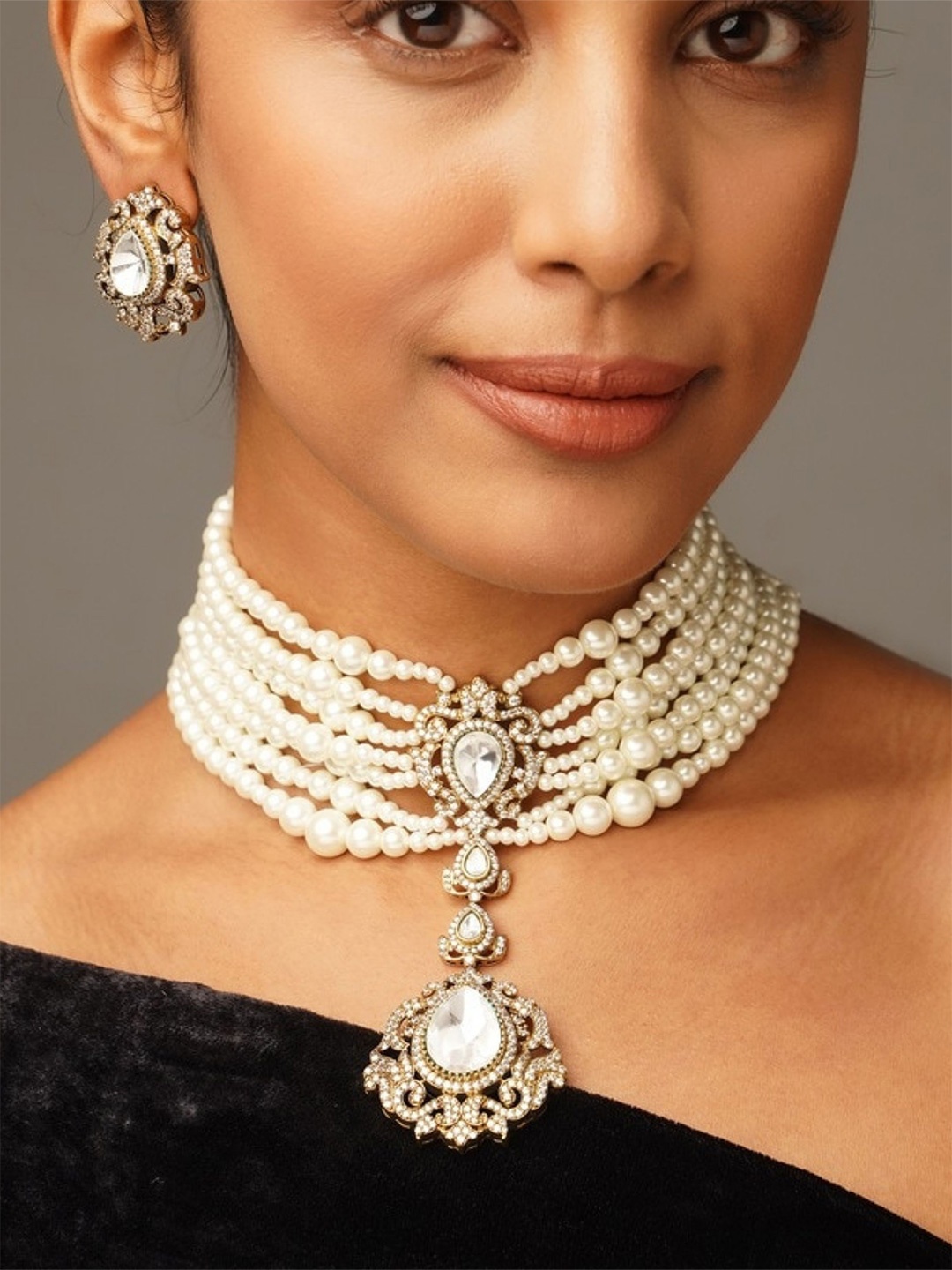 

ABDESIGNS Enchanting Gold Plated Polki American Diamond Jewellery Set