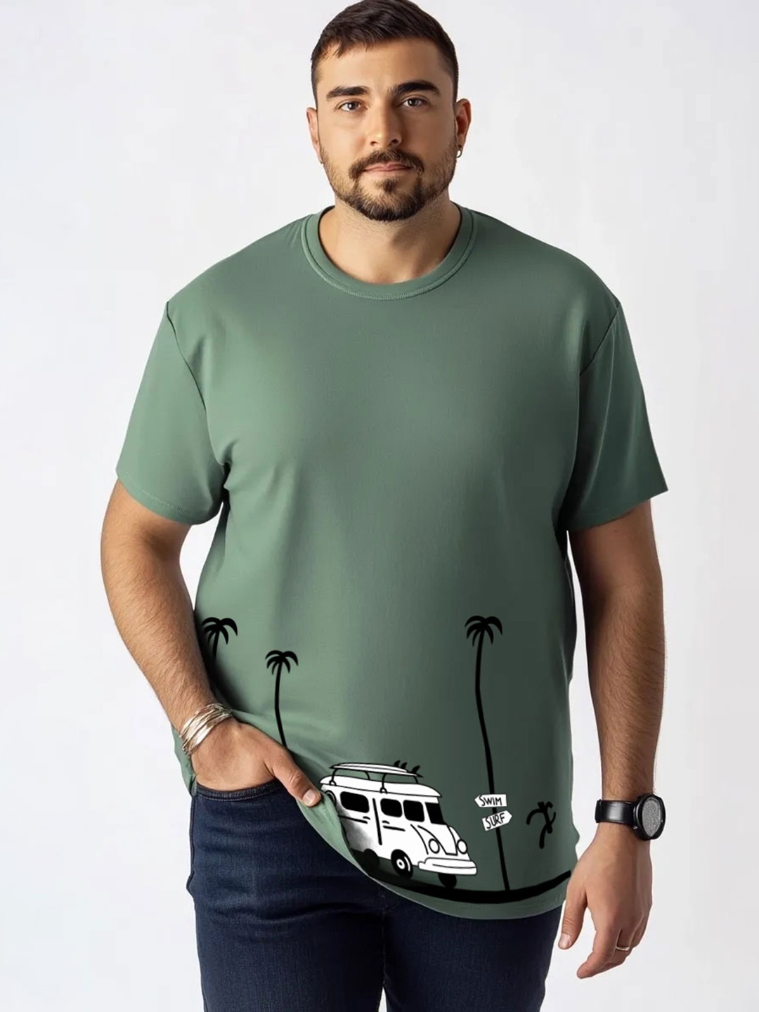 

Toodle Plus Unisex Plus Size Graphic Printed Round Neck Pure Cotton T-Shirt, Green