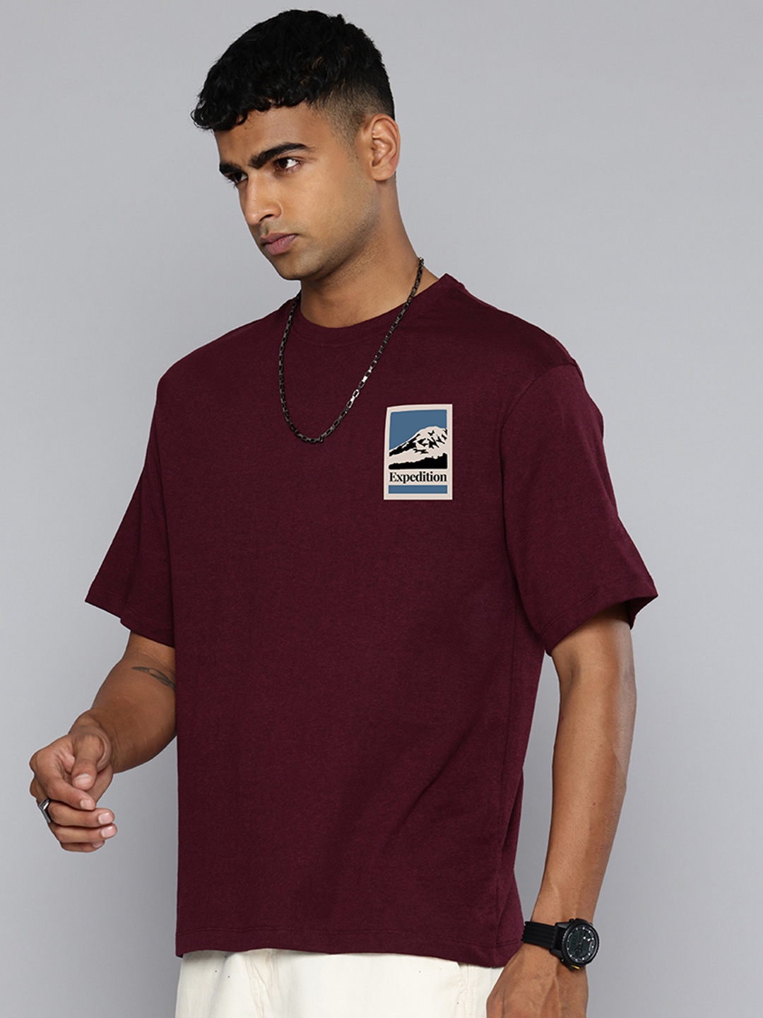 

R.Code by The Roadster Lifestyle Co. Men Solid Cotton Relaxed Fit T-shirt, Burgundy
