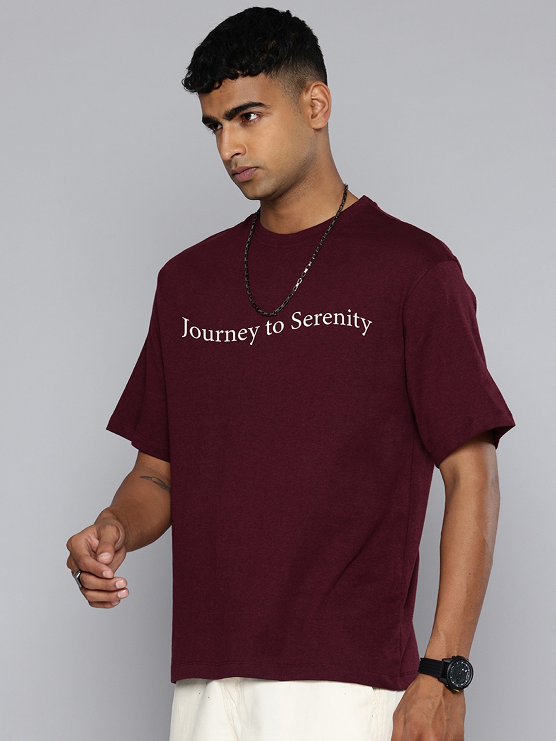 

R.Code by The Roadster Lifestyle Co. Men Printed Cotton Relaxed Fit T-shirt, Burgundy