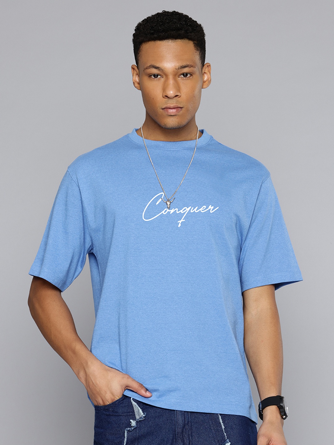 

R.Code by The Roadster Lifestyle Co. Men Printed Cotton Relaxed Fit T-shirt, Blue