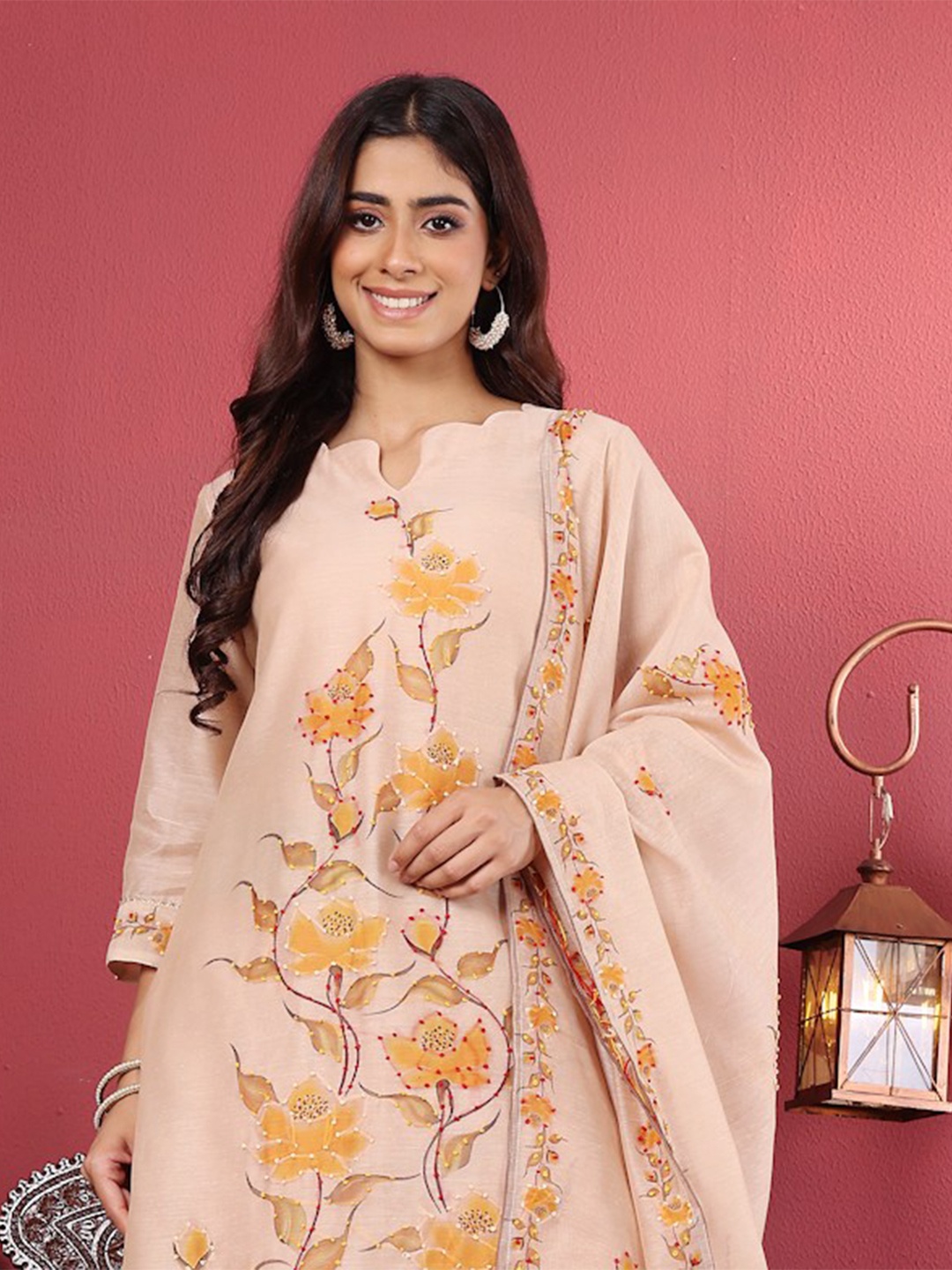 

House of Pataudi Floral Printed Embroidered Chanderi Silk Kurta With Trouser & Dupatta, Beige