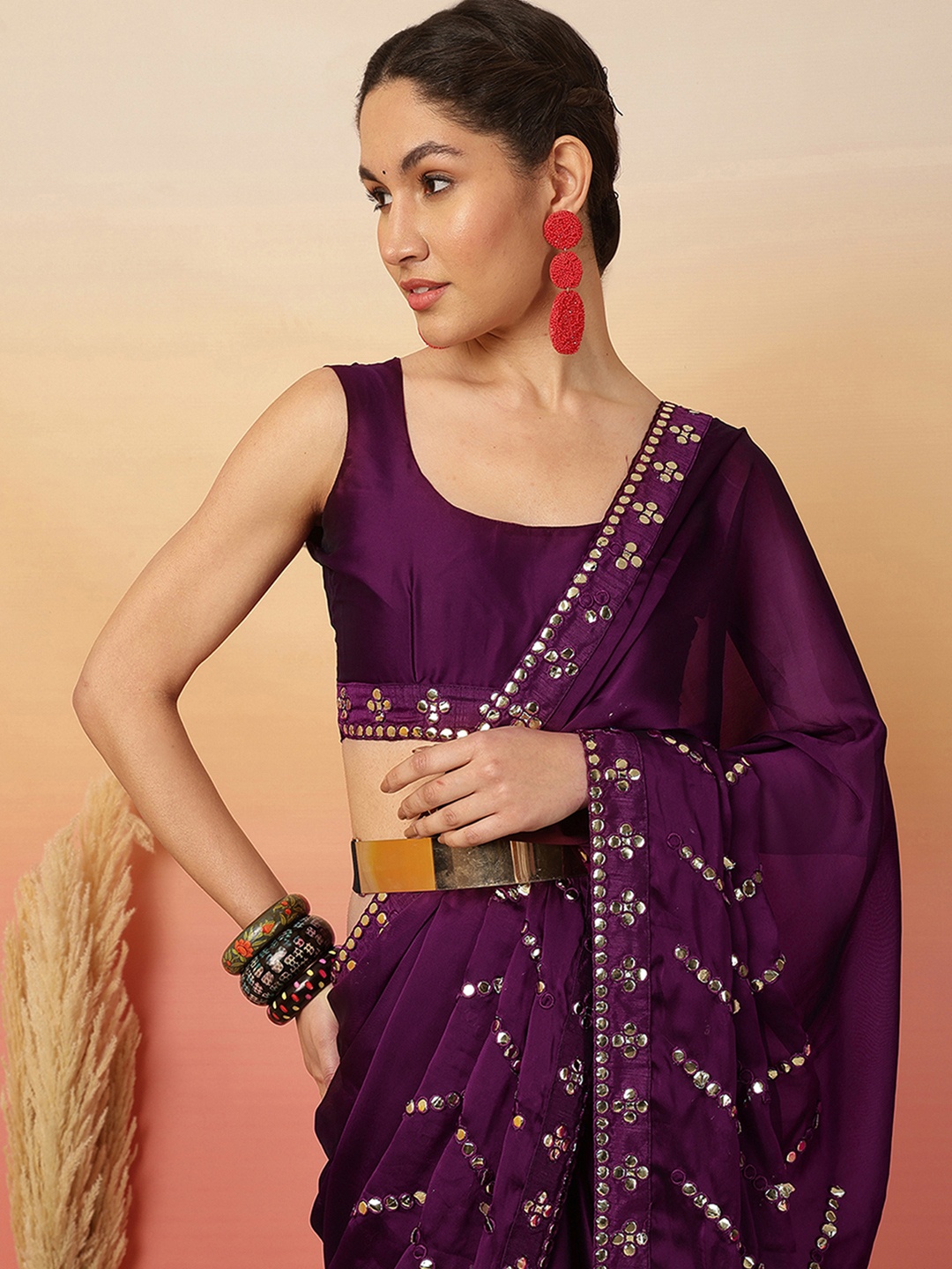 

Sangria Embellished Sequinned Saree With Blouse Piece, Purple