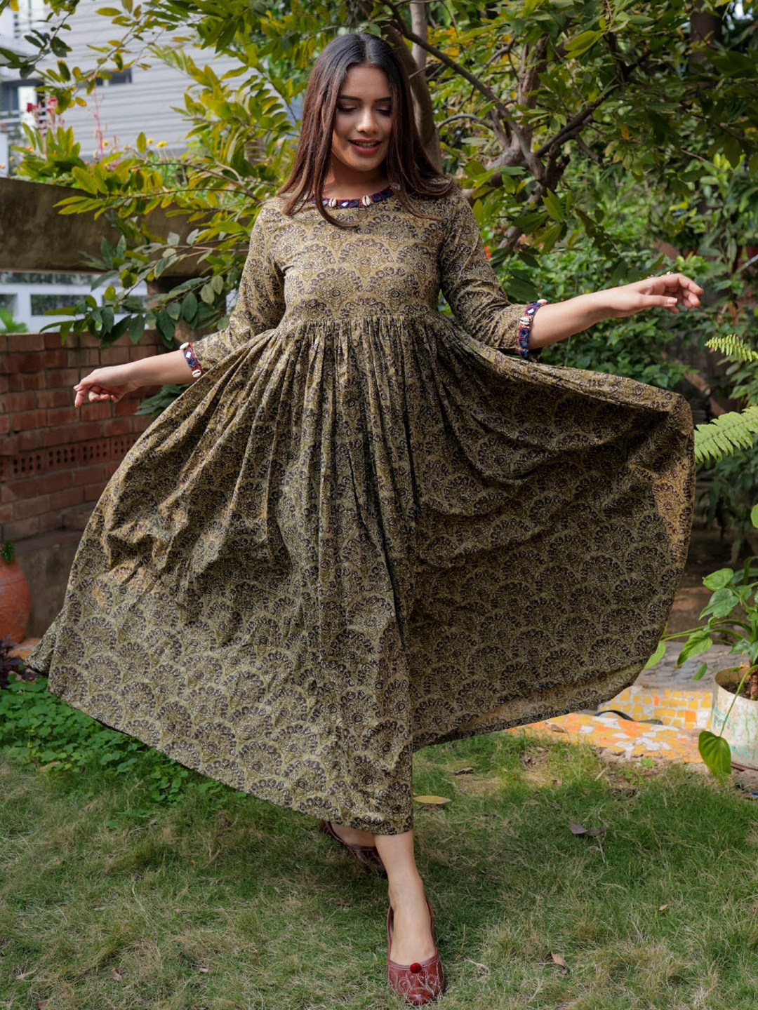 HRITIKA Ethnic Motifs Printed Pure Cotton Anarkali Kurta, Brown